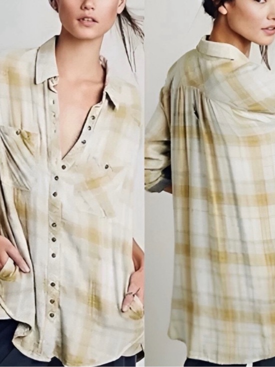 Free People Tops - #871 FREE PEOPLE Mustard Yellow Plaid Button-Down SUPER SOFT w POCKETS!